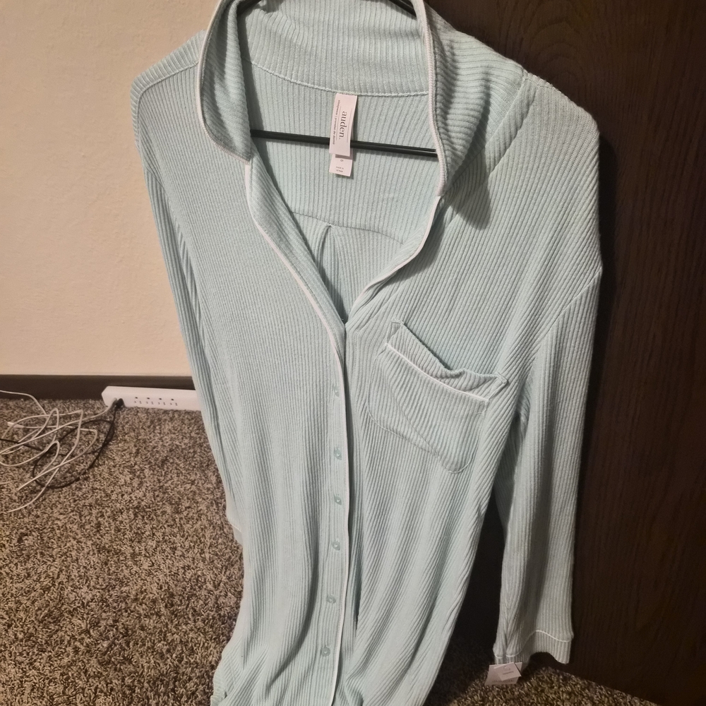AUDEN Light Aqua Ribbed Button-Up Loungewear Top